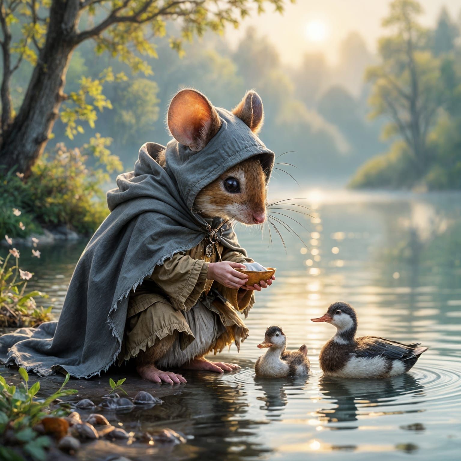 Anthropomorphic Mouse Feeds Ducks in Misty Fantasy Scene