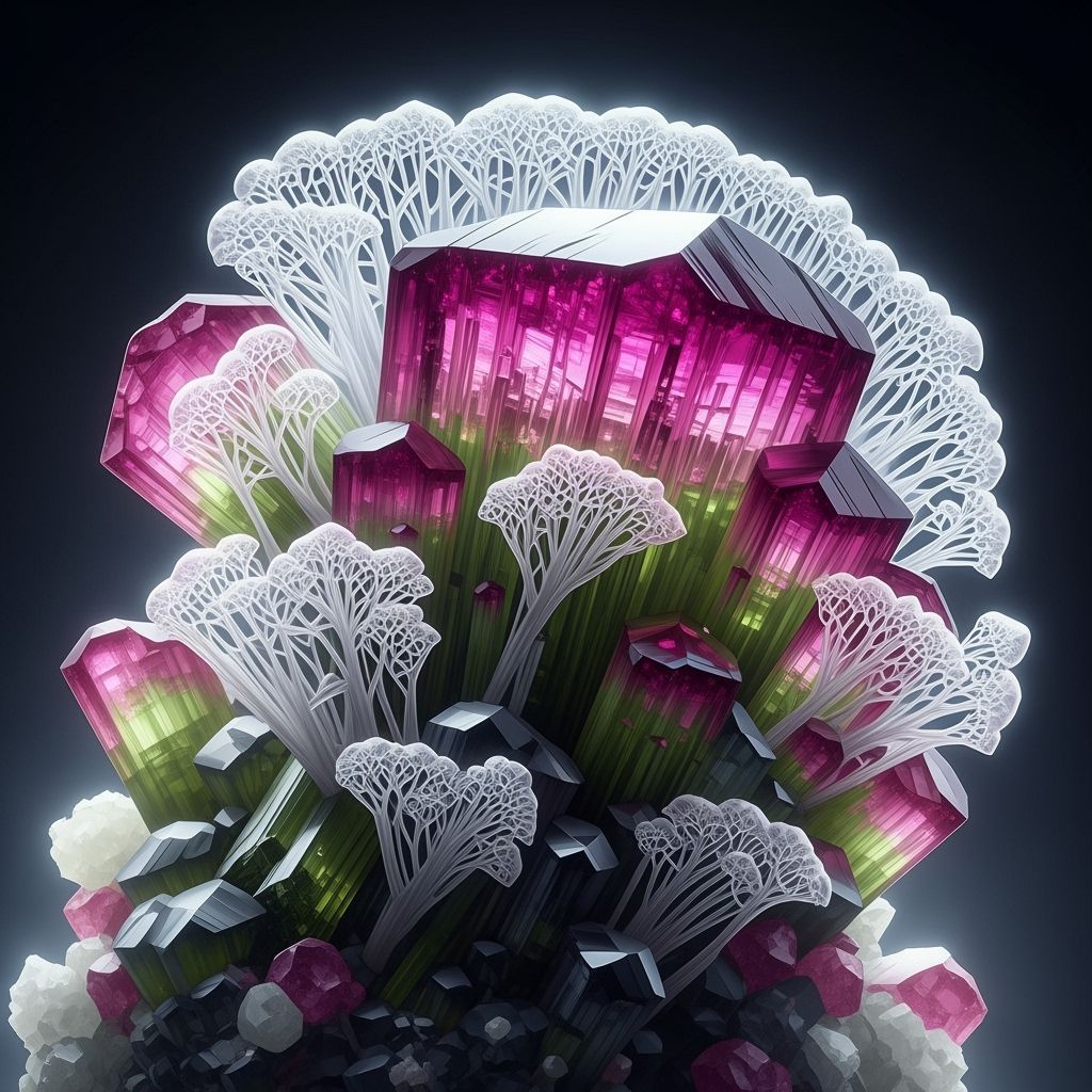 Vibrant Tourmaline Crystal Formation with Lacy Patterns