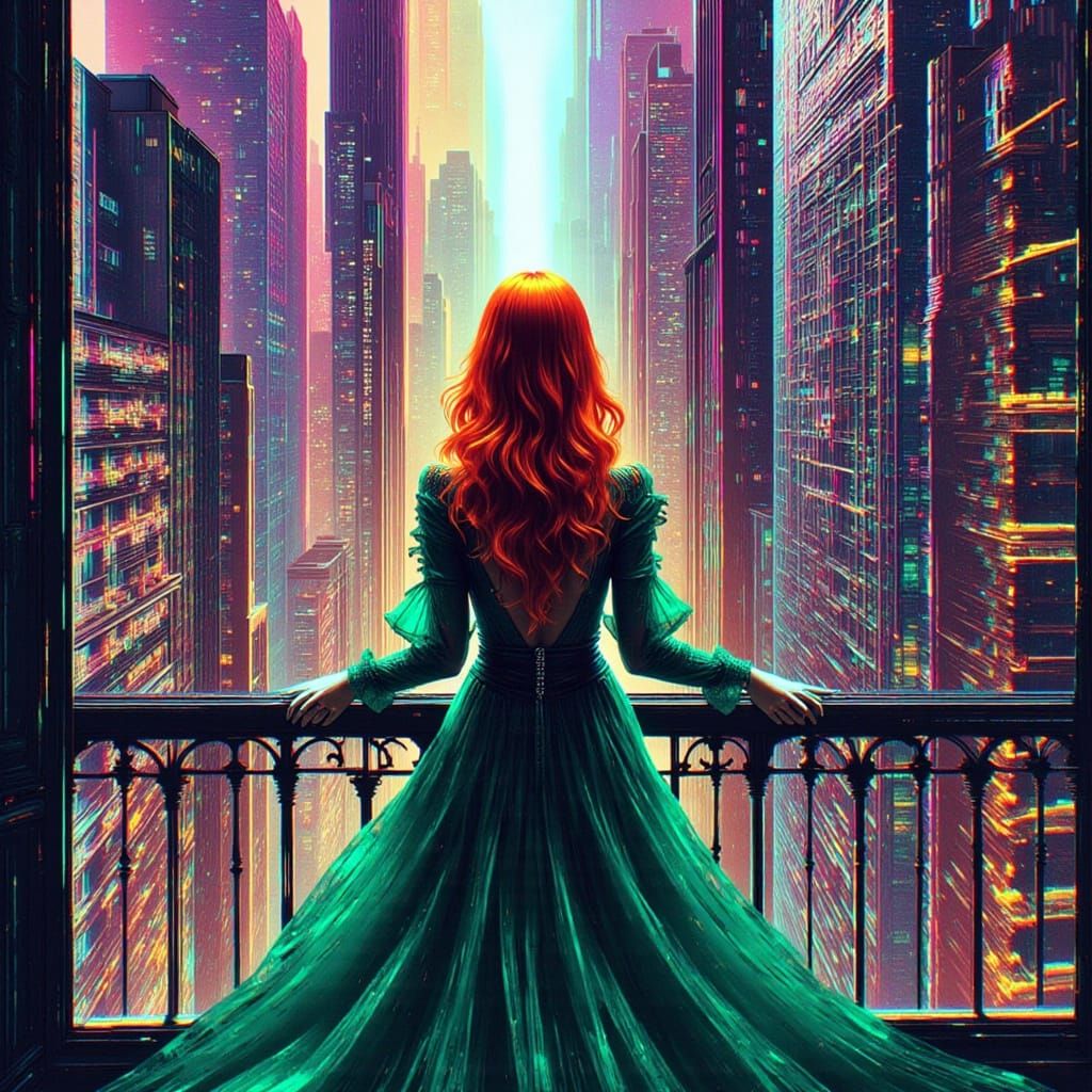 Woman in Green Dress with Glitch Effects
