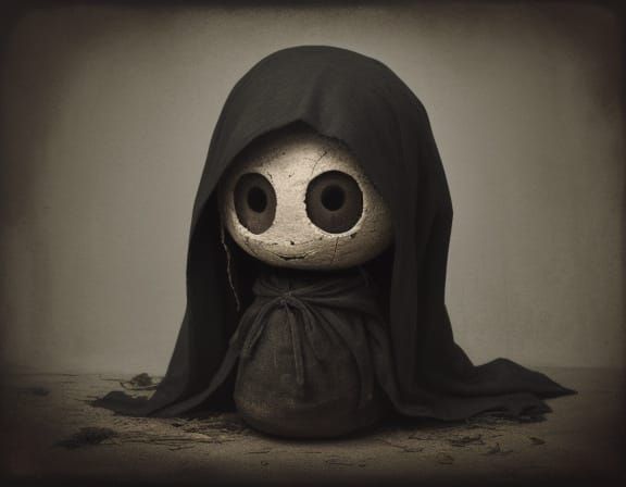 Eerie Chibi Potato Sack Puppet in Dark Grunge Style
