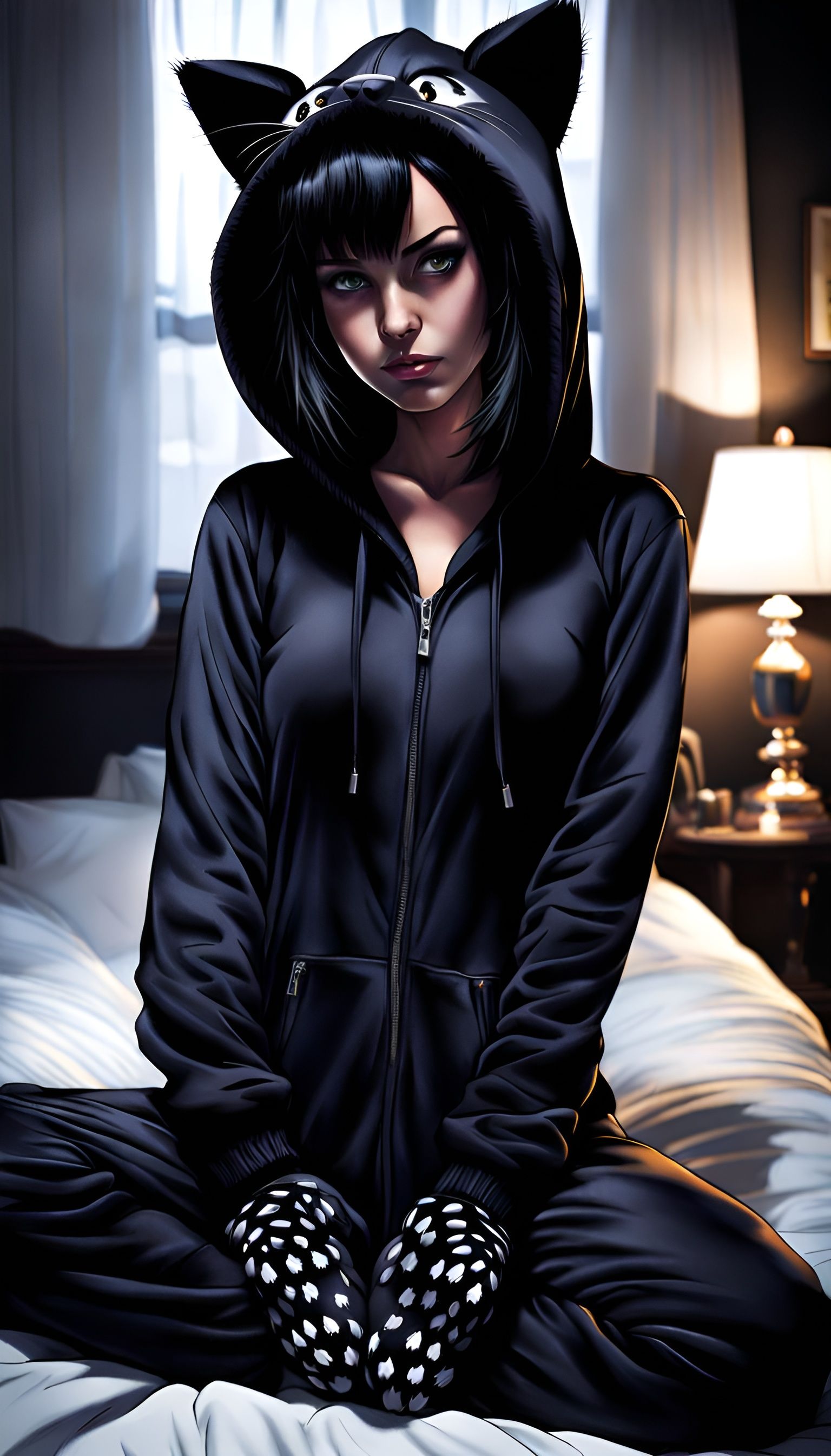 Girl in Black Cat Onesie in Gothic Bedroom
