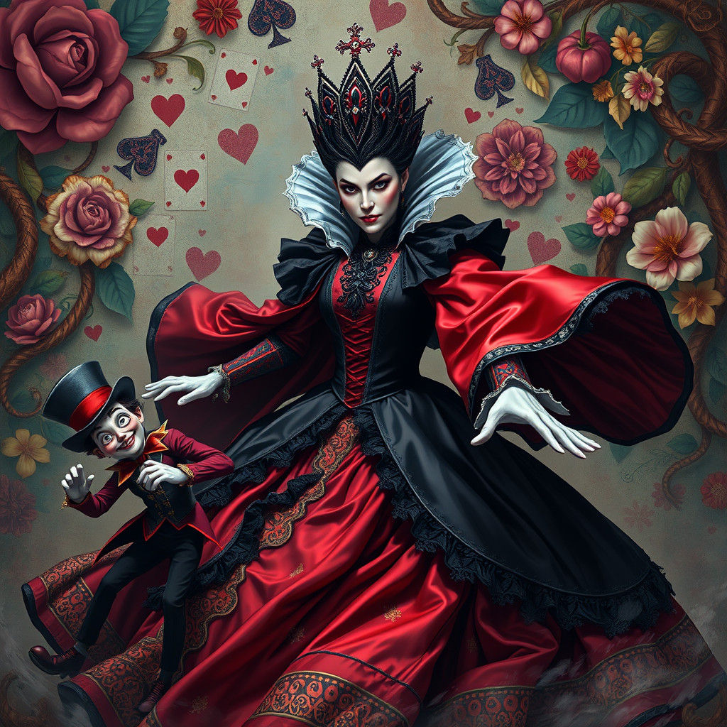 Queen of Hearts Chase in Hyperrealistic Splash Art