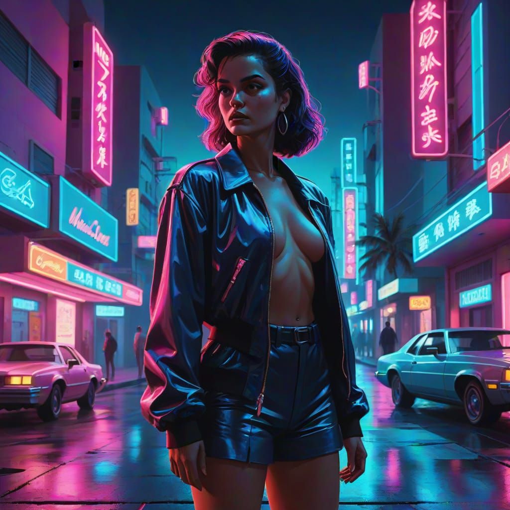 Neo-Noir Woman on Neon Street
