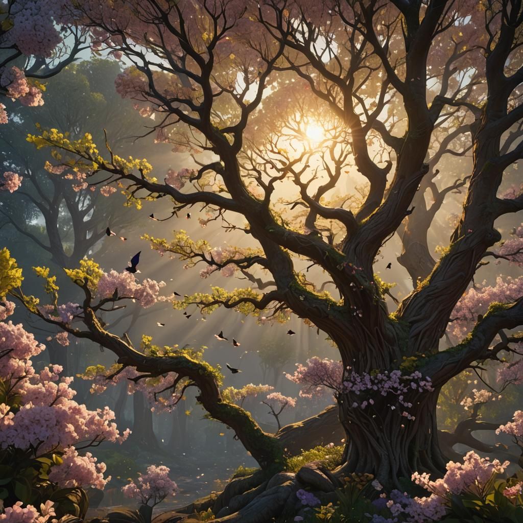 Sunrise Scene with Birds and Blossoms in Fantasy Art Style