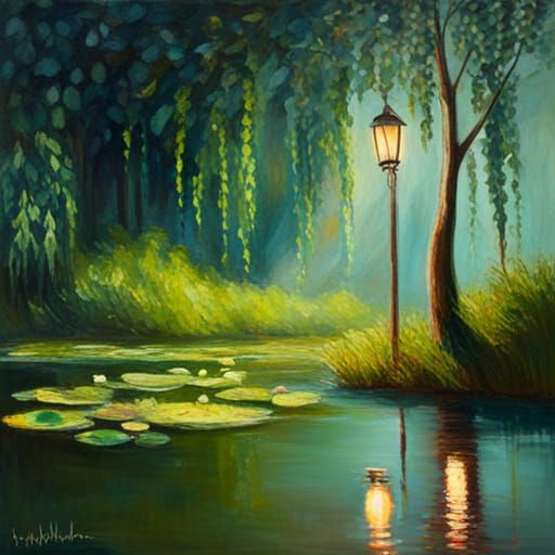 Blossoming Lily Pads: Oil Painting of a Pond