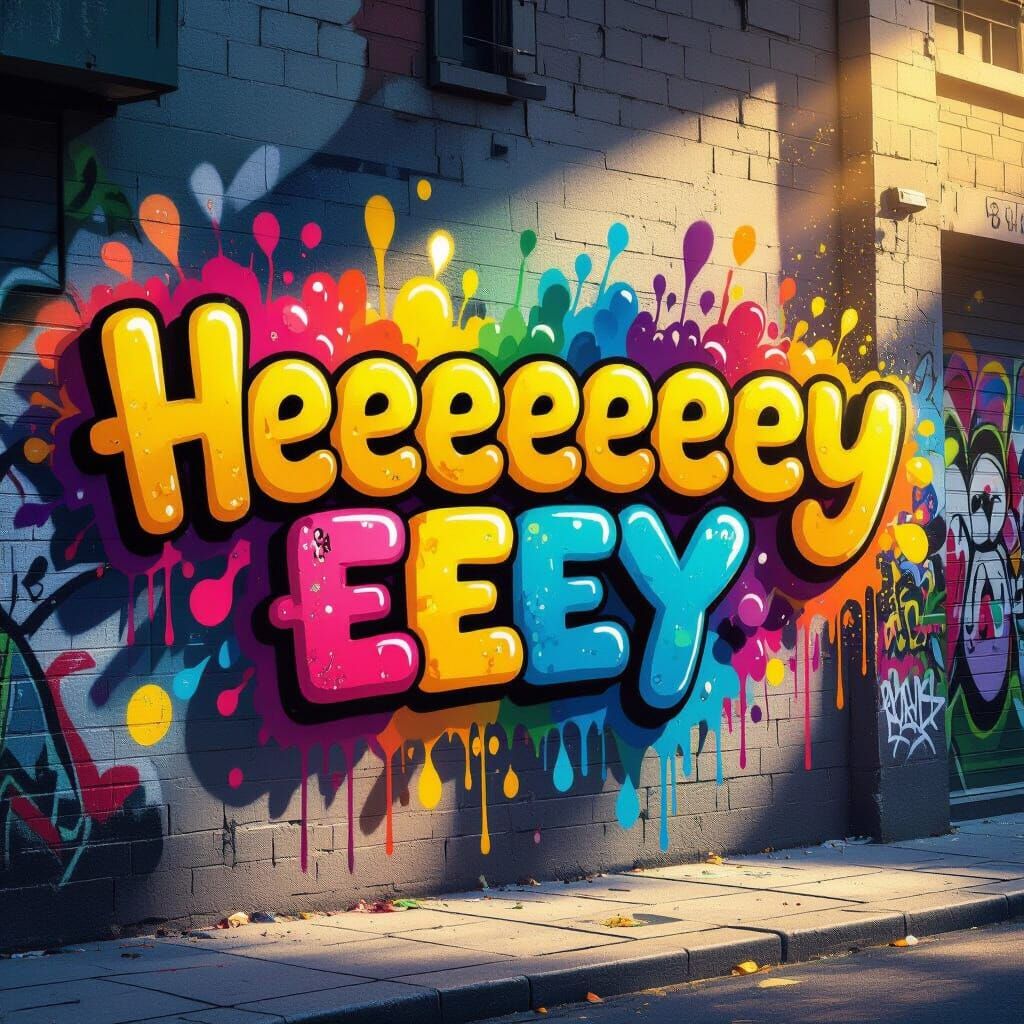 Playful Graffiti "Heeeeeeeeeeeeey" on Sunny City Wall