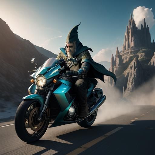 Wizard on Motorcycle: 3D Cinematic Fantasy Art