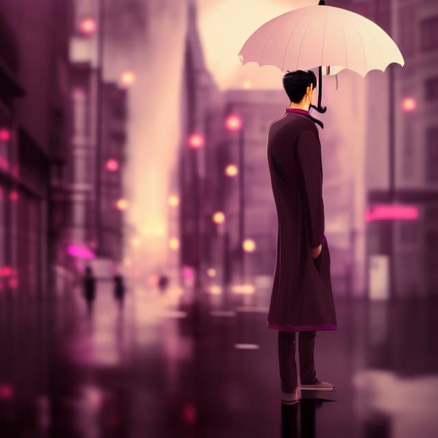 Rainy Cityscape Painting of Solitary Man