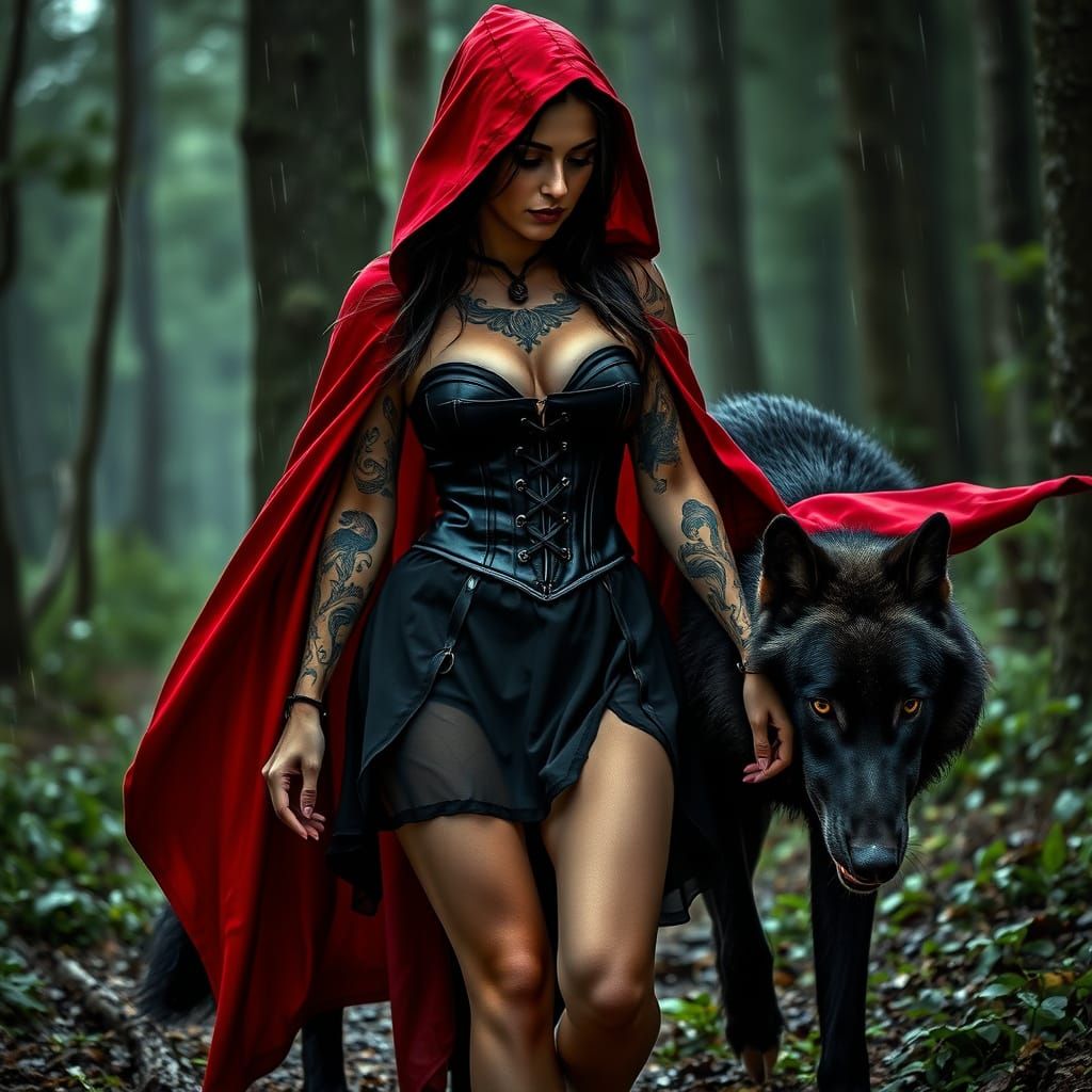 Sexy Little Red Riding Hood in Black Corset, Walking Her Maj...