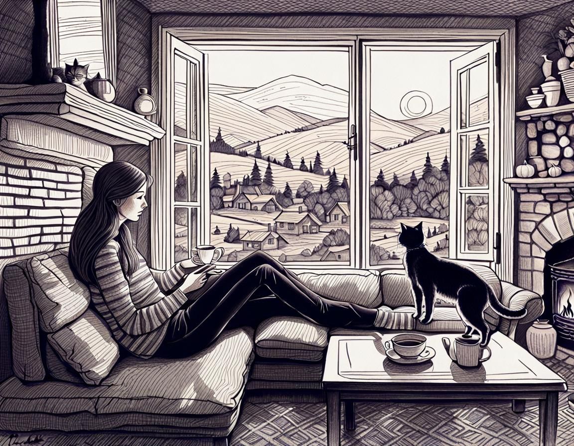 Cozy Autumnal Evening Scene in Monochromatic Pen Art