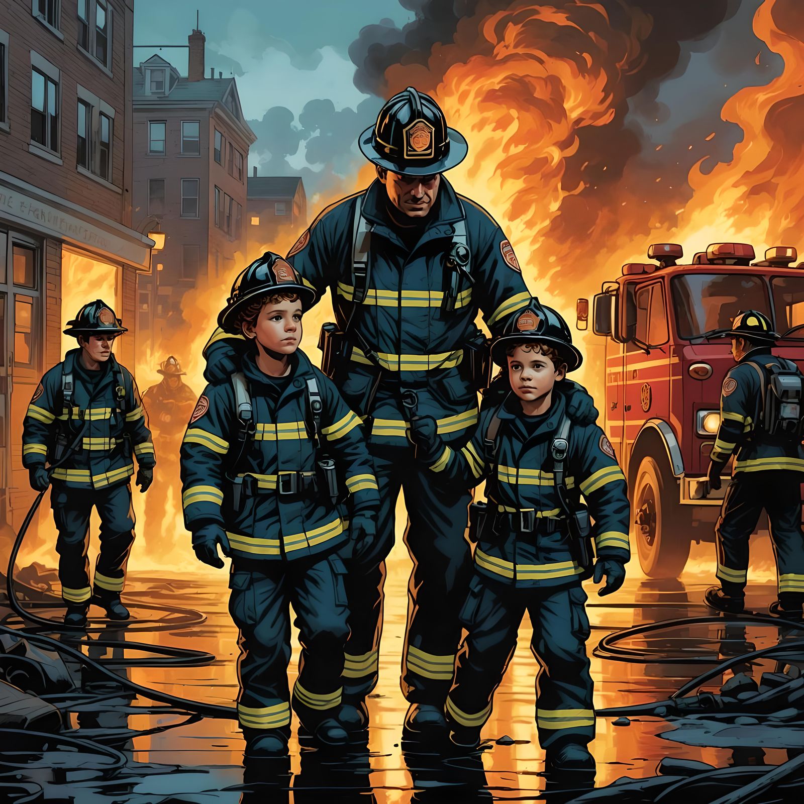 Firefighters Rescue Child: Comic Book Style Art