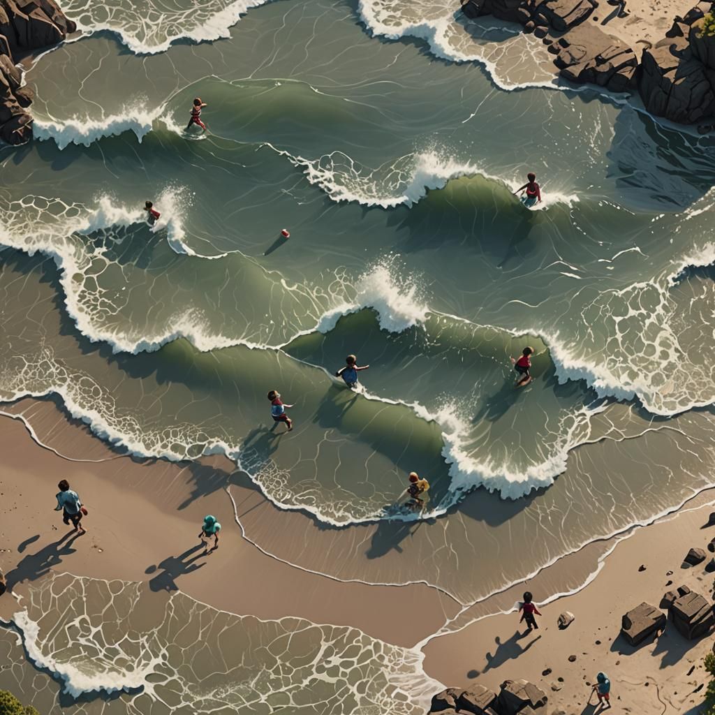 Children Playing on Shore: Fantasy Concept Art