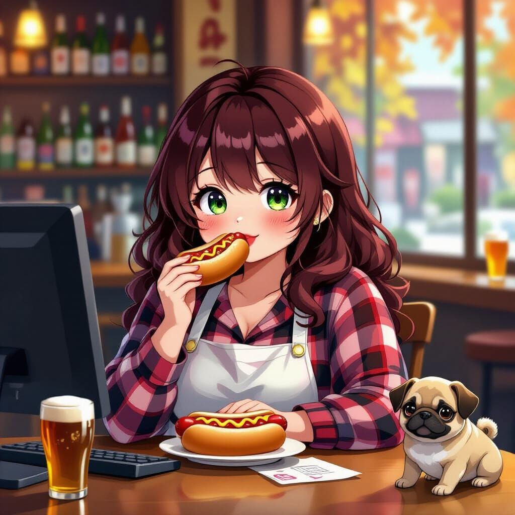 Anime Woman Eating Hot Dog in Tavern, Neo-Impressionist Styl...