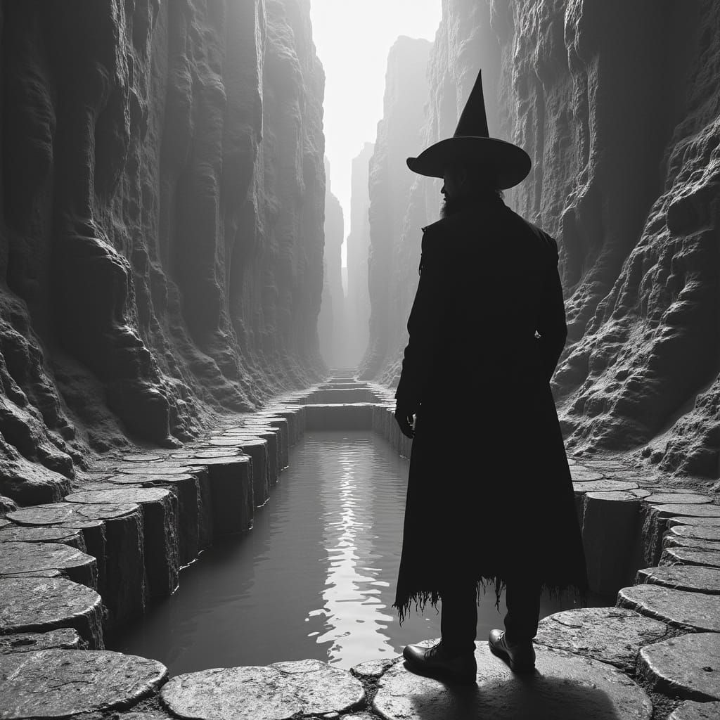 Film Noir Witch Finder in Escher-Inspired Landscape