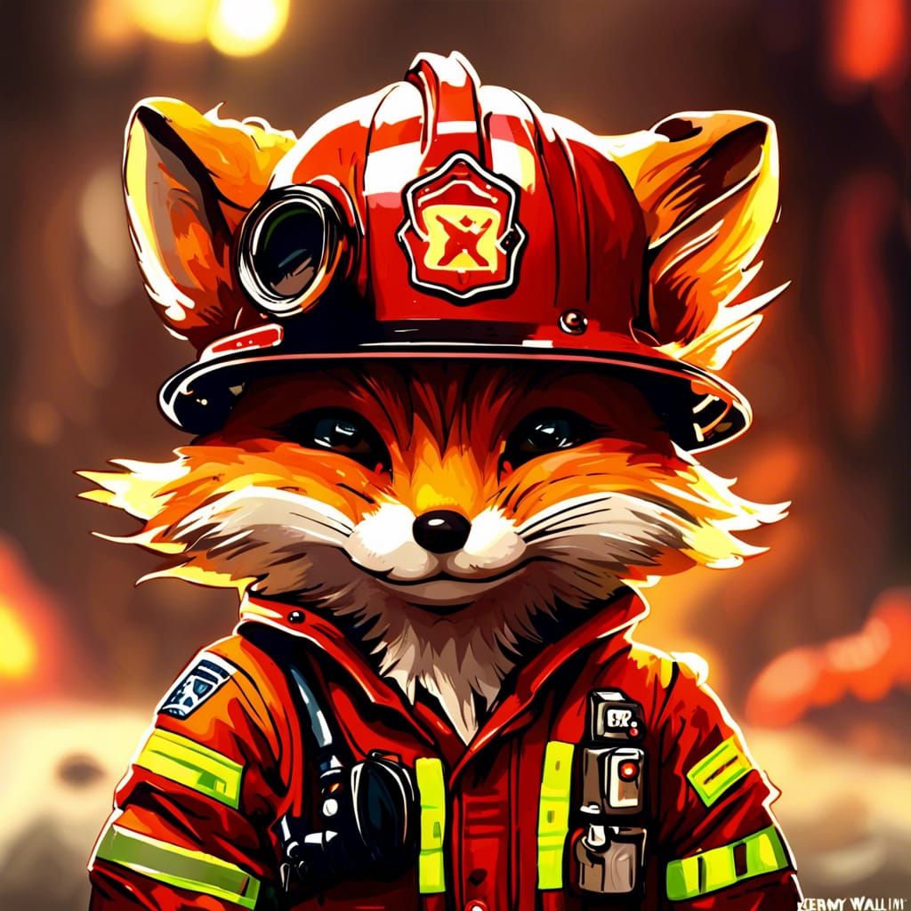 Chibi Fox Firefighter in Detailed Digital Art