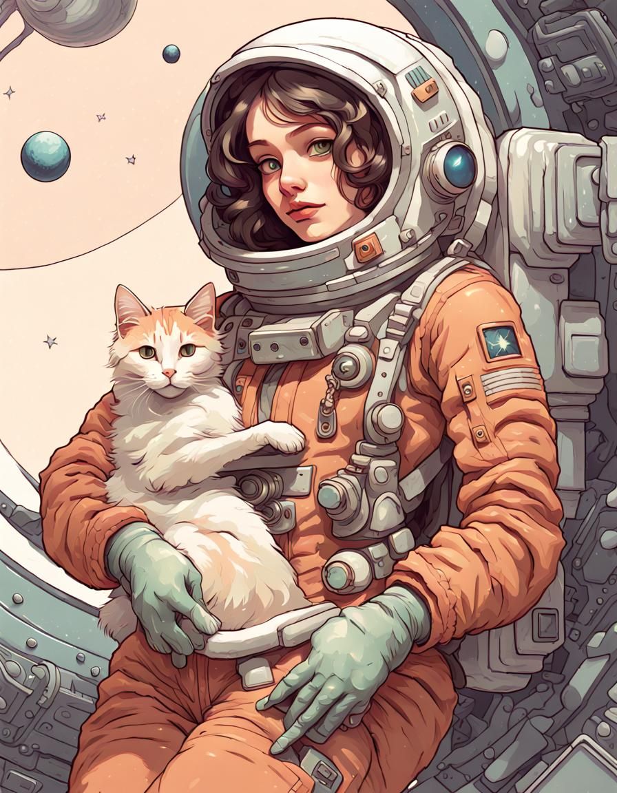 Astronaut Girl with Cat in Art Nouveau Style