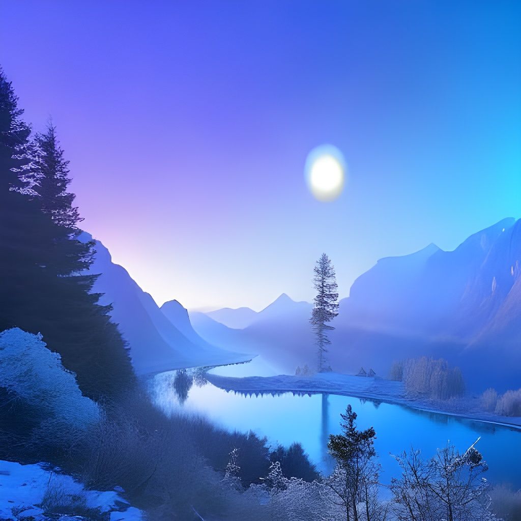 Blue Winter Forest Sunrise: Astral Illustration