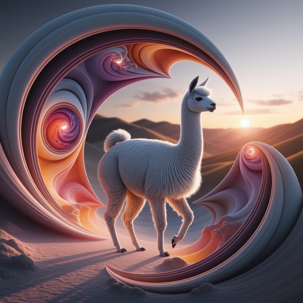 Interdimensional Llama Walking Through Fractal Portals