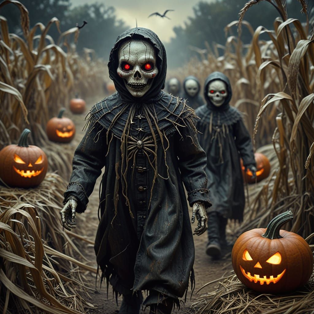 Creepy Ghoul in Corn Maze with Pumpkin-Headed Children