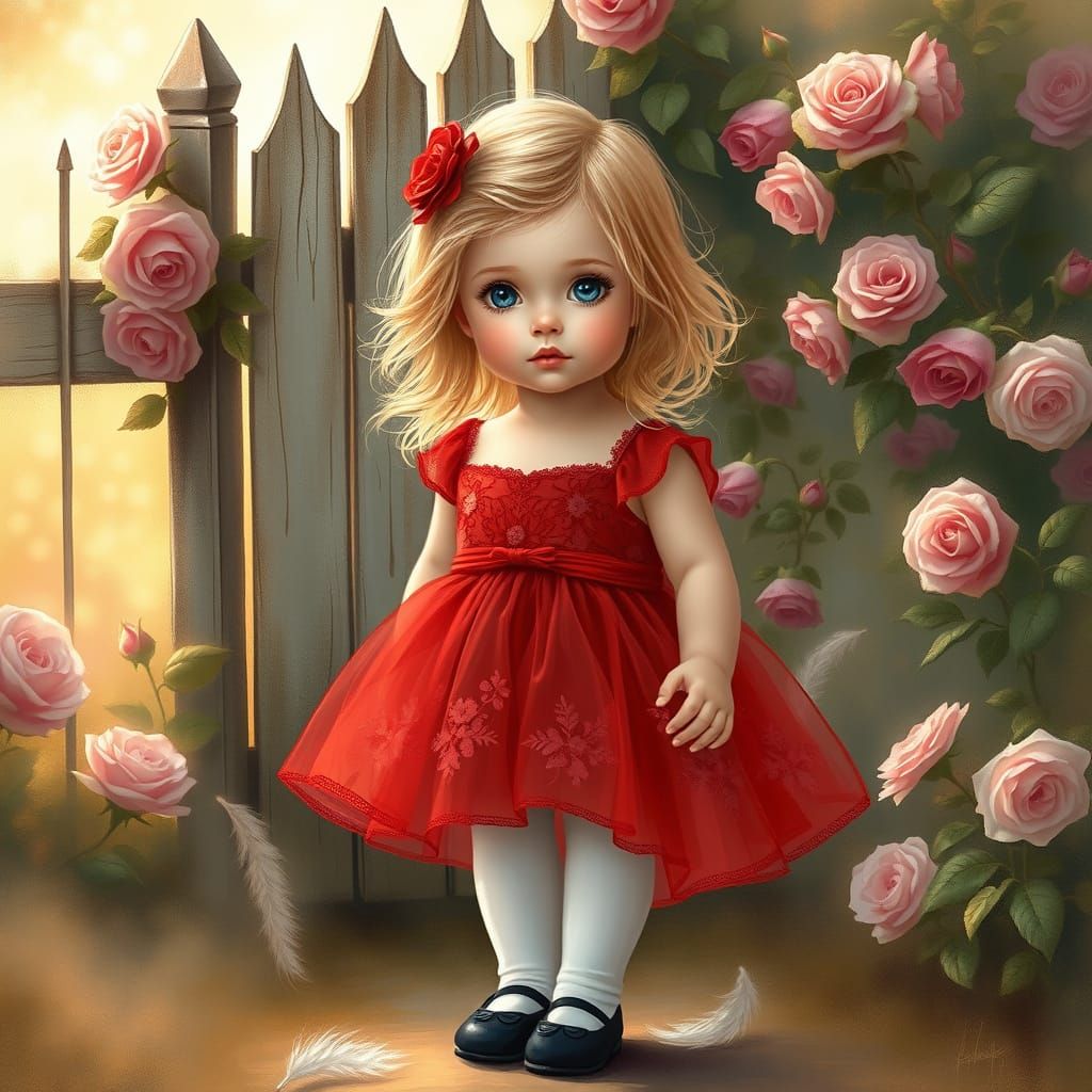 Golden Toddler Girl in Rose Garden Fantasy
