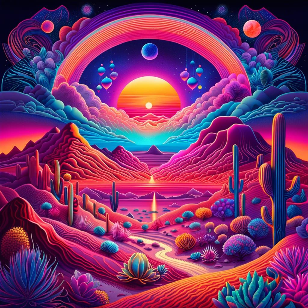 Kawaii Desert Sunset: A Surreal Neon Landscape