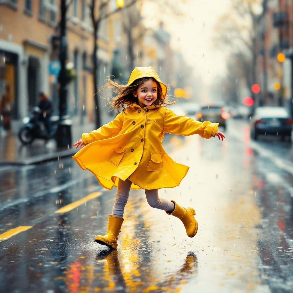 Little Girl Dancing in Rain, Impressionist Style