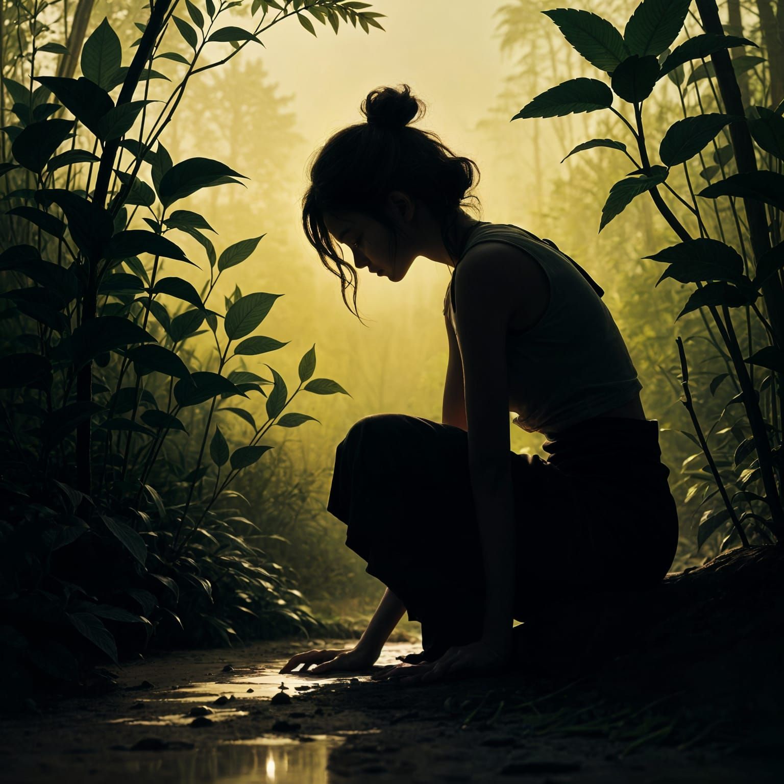 Meditative Silhouette Touching Earth in Kimpsun Style