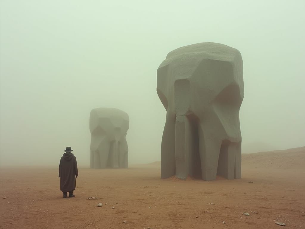 Brutalist Explorers Uncover Desert Sculptures in Surreal Fog