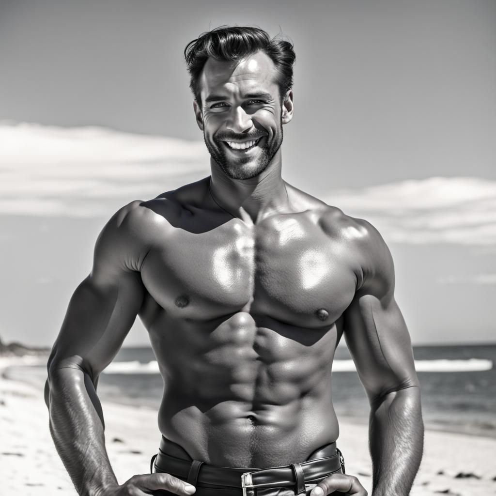 Shirtless Hunk on Beach in Black and White Style