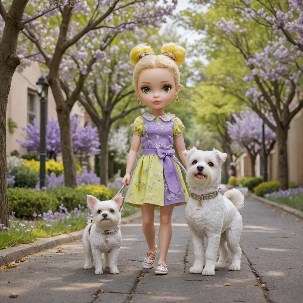 Hyperrealistic Blythe Doll Walks Dog on Sunny Street