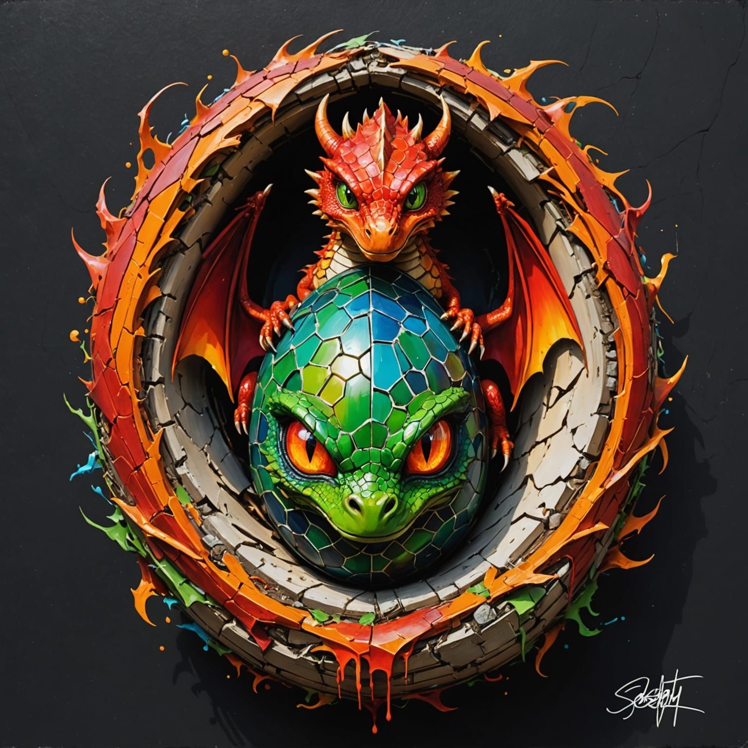 Vibrant Dragon Emerges from Cracked Eggshell in Evening Ligh...