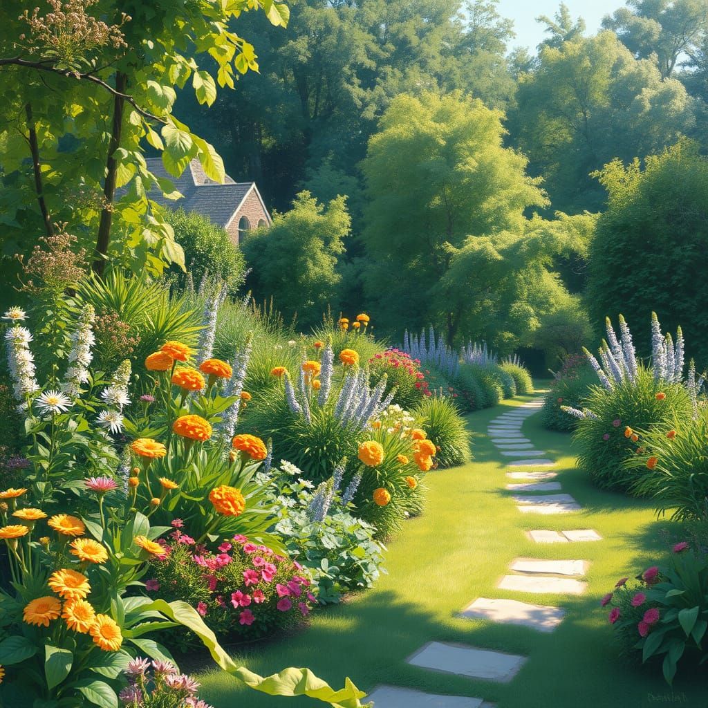 Impressionist Garden Scene with Lush Greenery