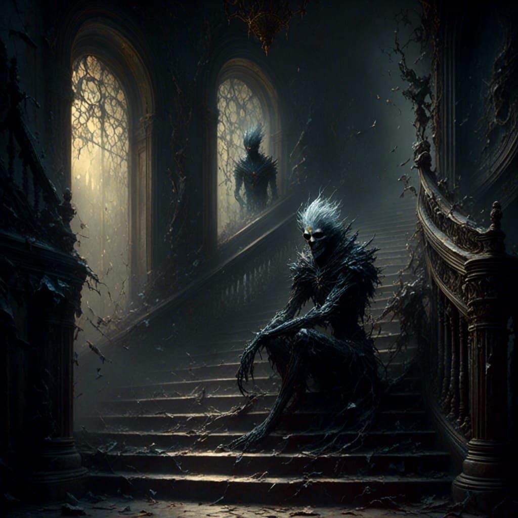 Creepy Demon on Mansion Stairs: Sinister Encounter