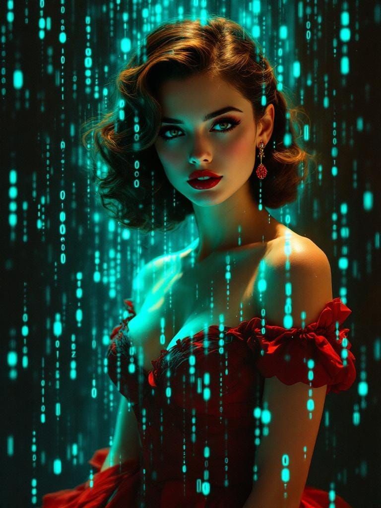 Cyberpunk Matrix Code Cascade in Impressionist Style