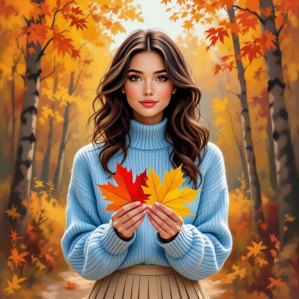 Young Woman in Autumn Forest, Gouache Painting