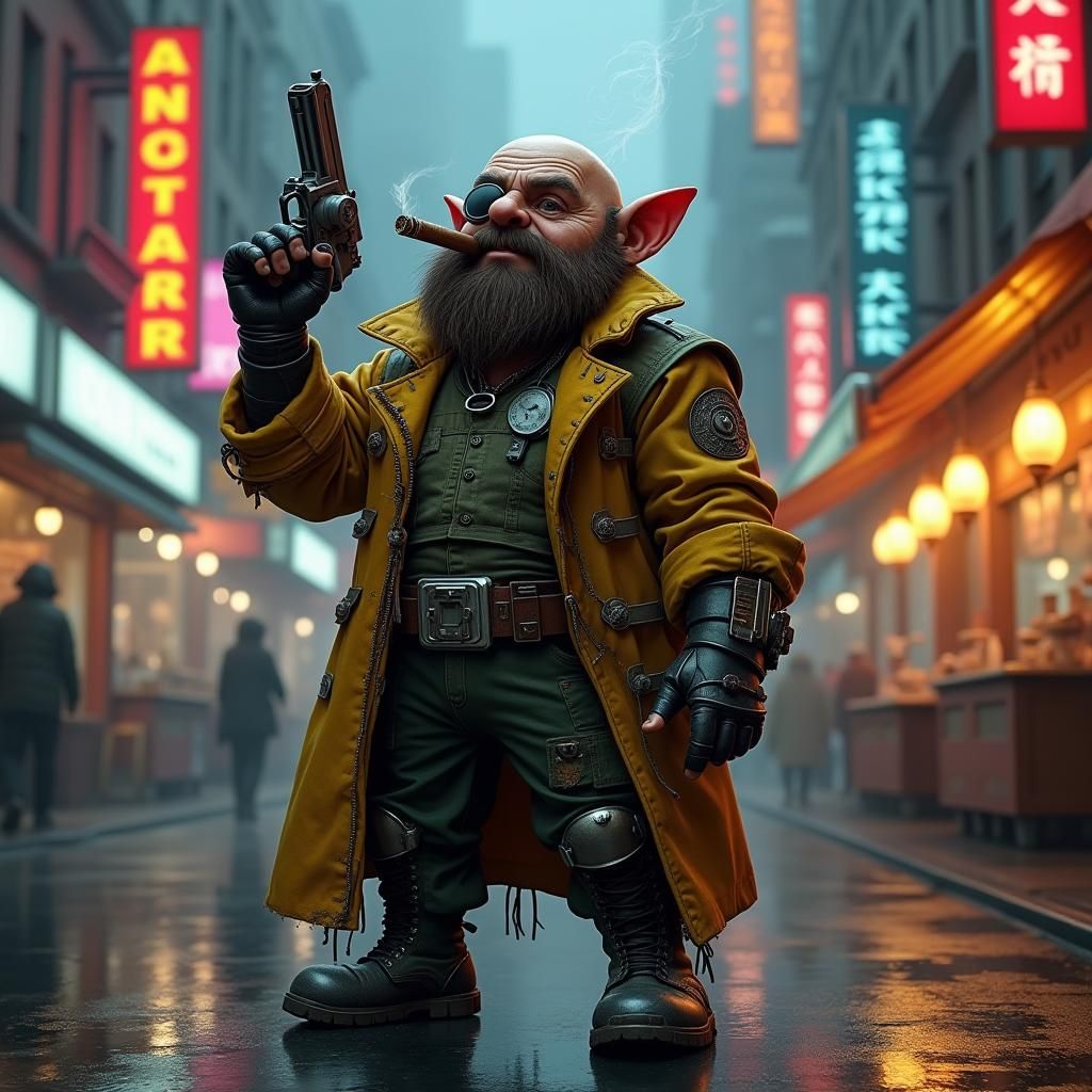 Cyberpunk Dwarf with Revolver in Dystopian Cityscape