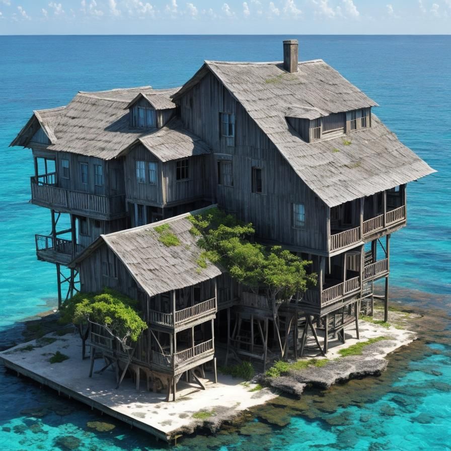 Rickety House on Tiny Island in Ocean