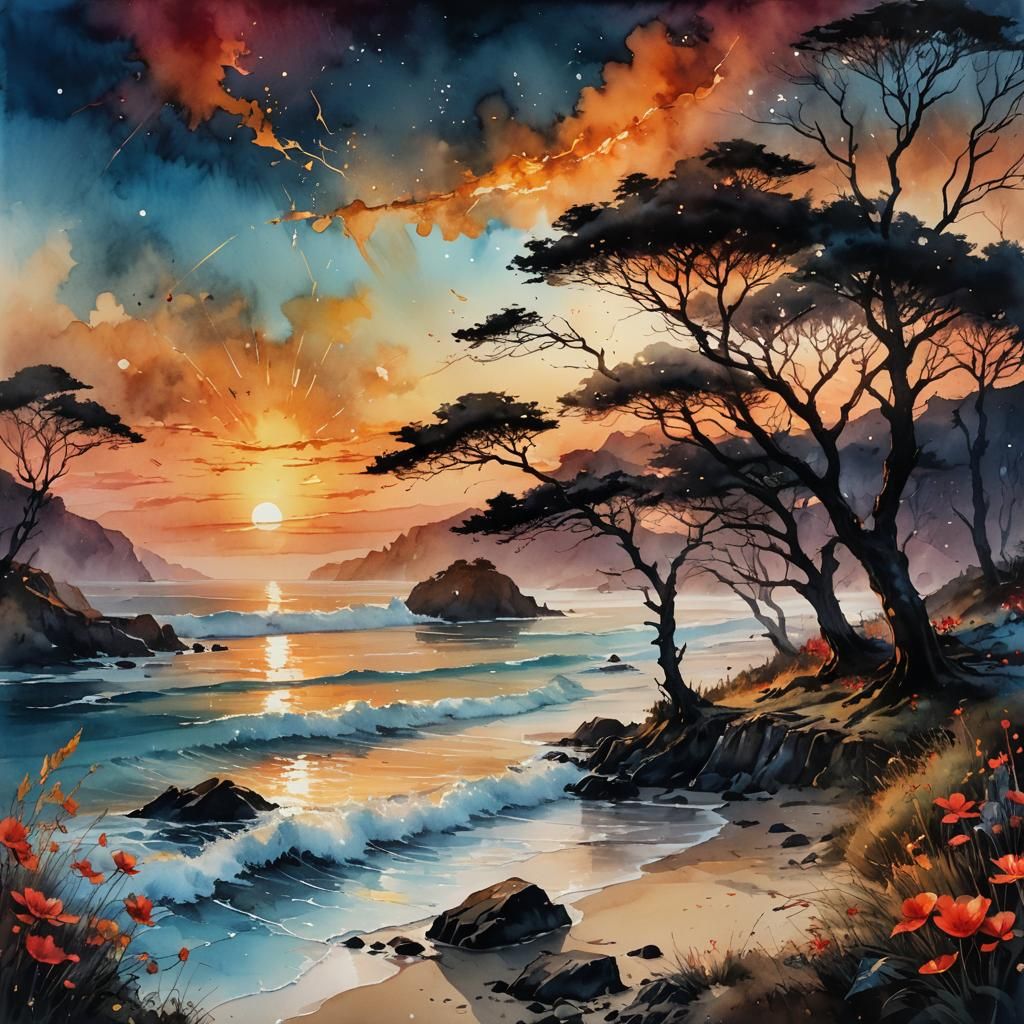 Epic Sunset Beach with Blood Moon, Watercolor Style