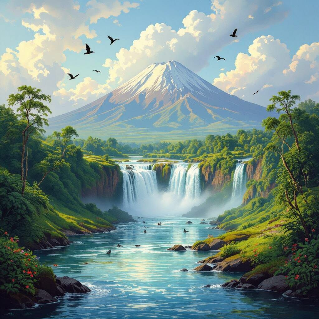 Lush River Landscape with Waterfall and Distant Volcano