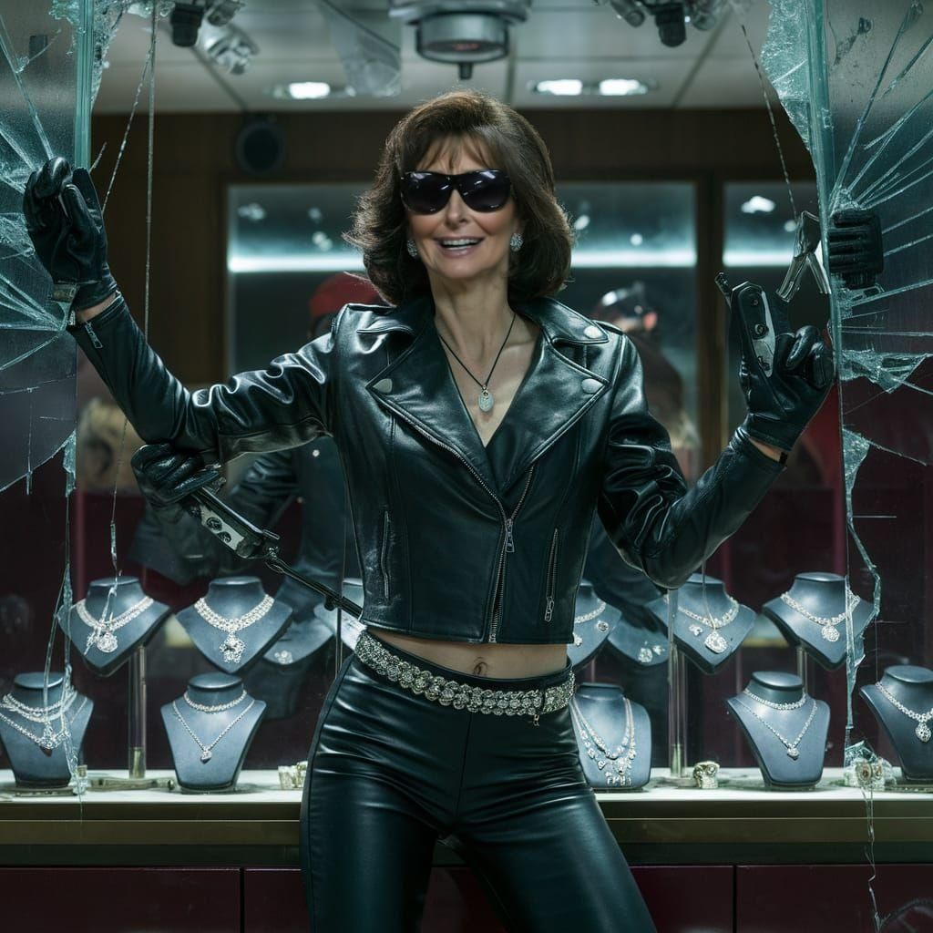Noir Heist: Woman Robbing Jewelry Store in Leather