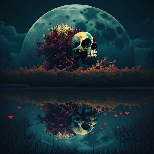 Dark Horror Moonscape with Skulls and Crystal Elements