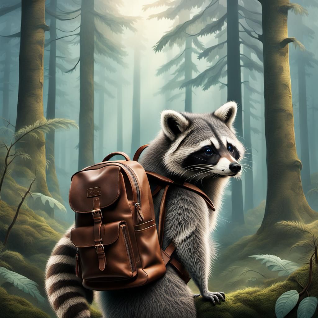 Trendy Raccoon in Misty Forest, Fantasy Concept Art