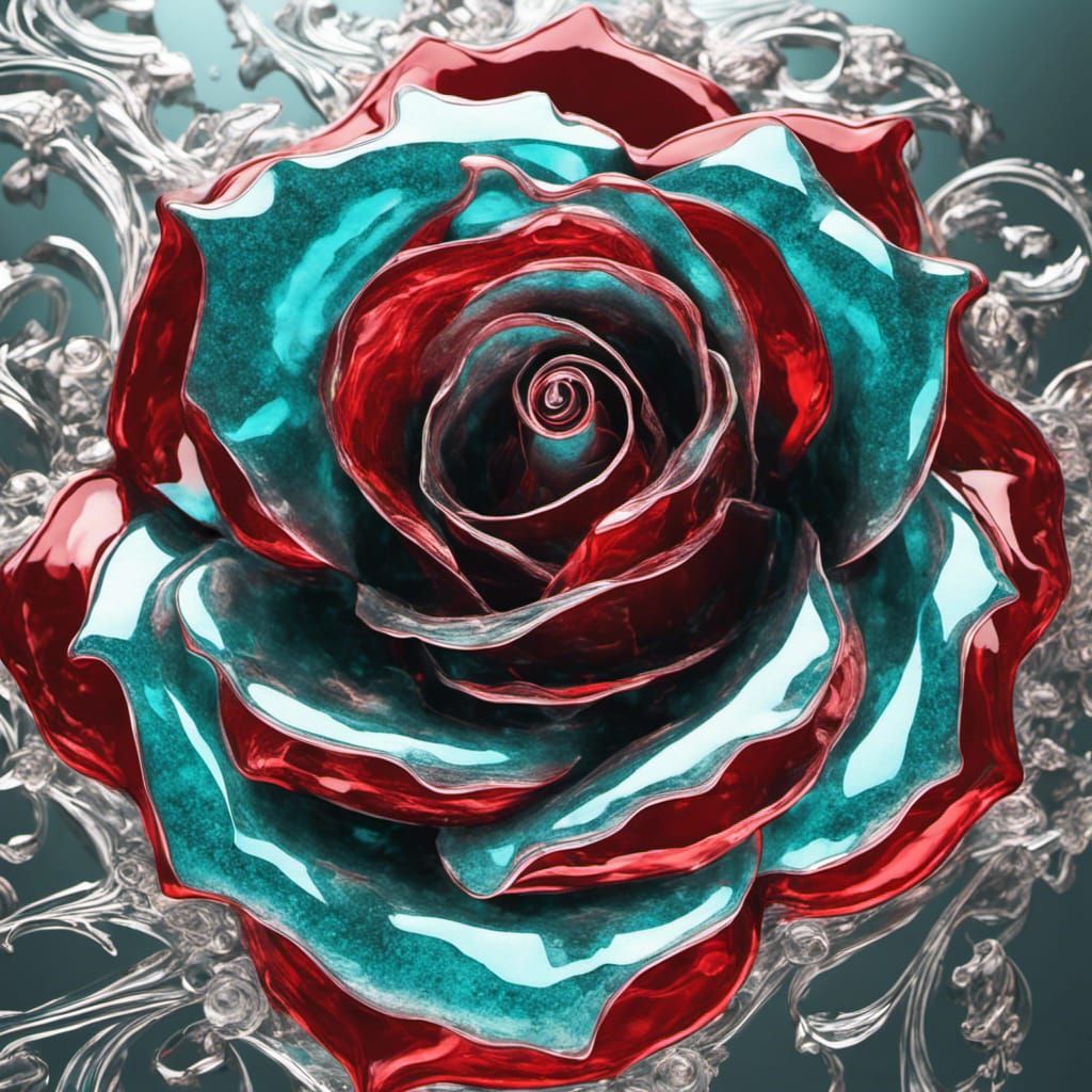 Intricate Metallic Glass Rose with Crystal Water