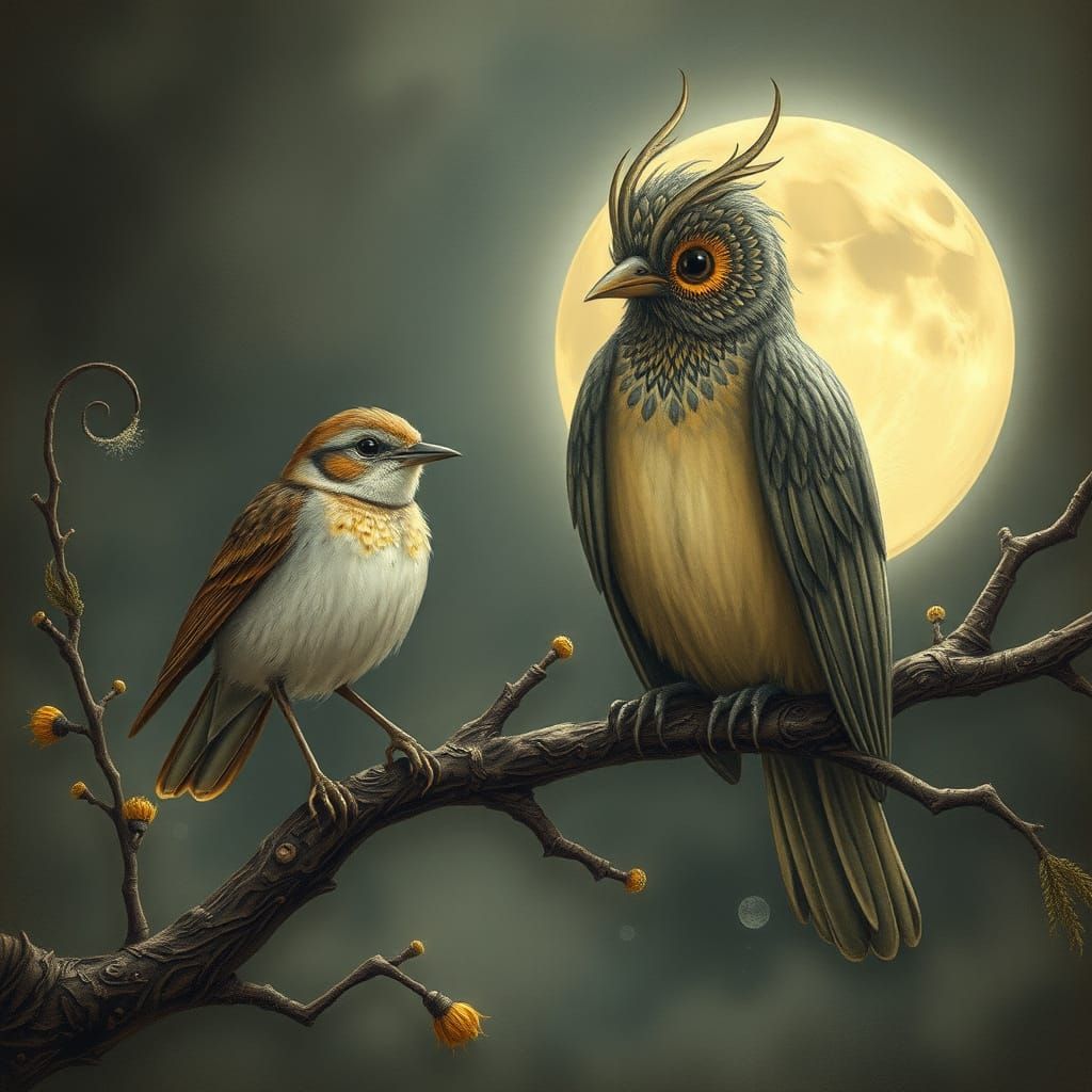 Sparrow and Ballatrice on Misty Moonlit Branch