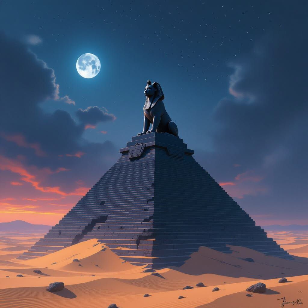 Ancient Sphinx on Obsidian Pyramid in Starry Desert