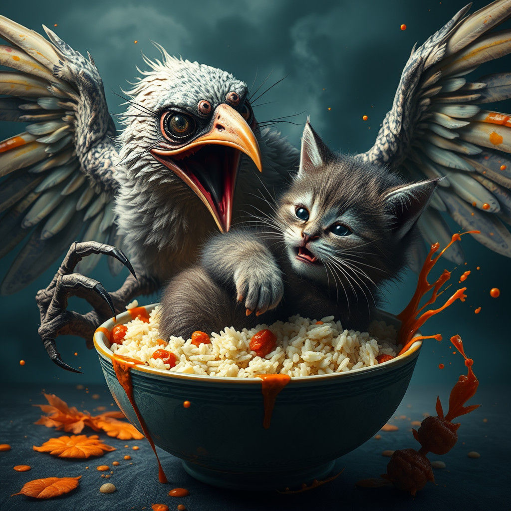 Grotesque Bird Freaks Out at Kitten Devouring Ape