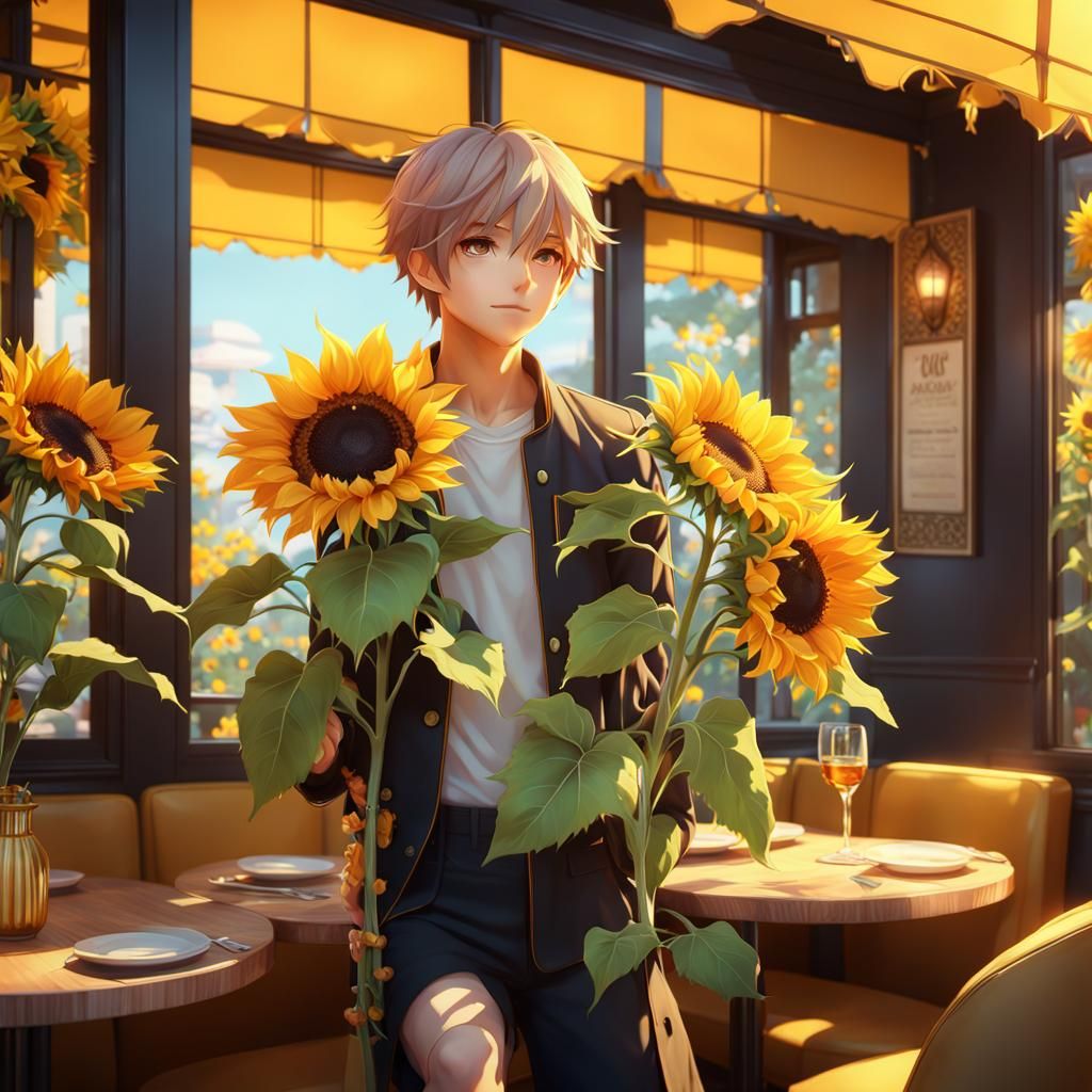 Anime Boy Presents Sunflowers in Restaurant