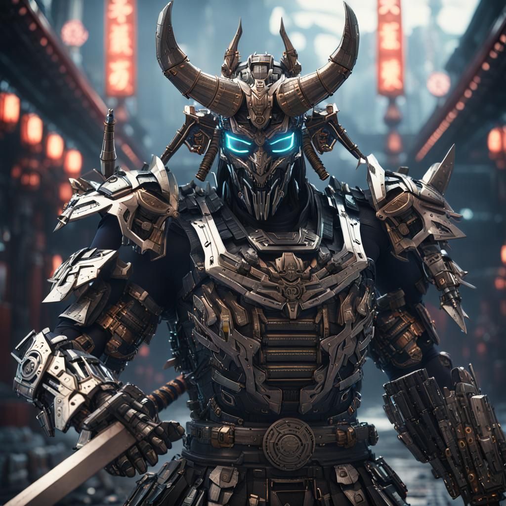Cyber Samurai with Oni Mask in Futuristic Sci-Fi