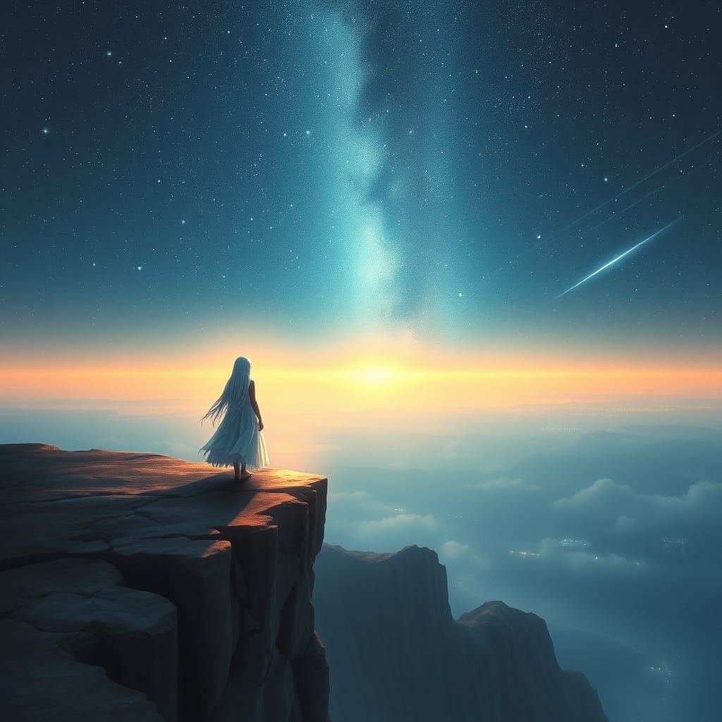 Girl at Cliff Edge Under Starry Sky