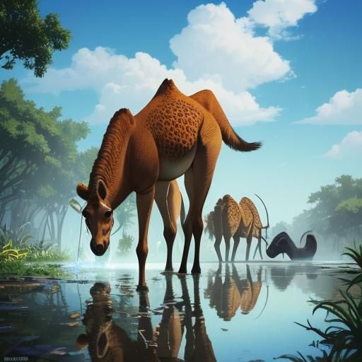 Camelopard Drinks at Watering Hole in Candy Art Style